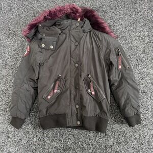 Black Canada Weather Gear bomber jacket purple faux fur hood trim Size Sm (7/8)